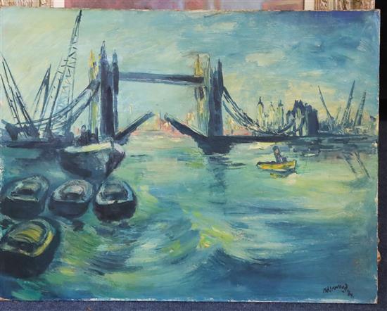 James Lawrence Isherwood (1917-1988) Tower Bridge with barges 13.75 x 17.75in., unframed